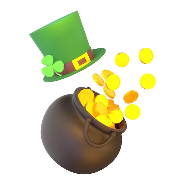 3d render a pot of gold and a leprechaun's hat.