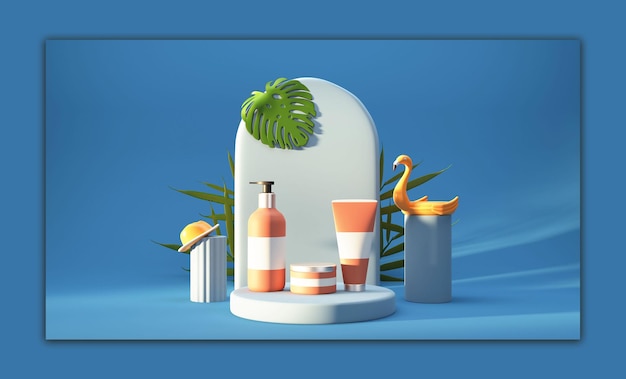 3D Render Of Product Mockups Over Podium With Fedora Hat Inflatable Duck And Tropical Leaves On Blue Background