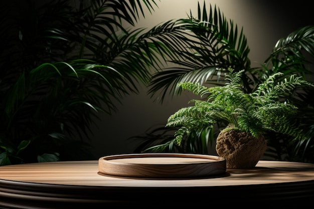 3d render product podium with natural plant surrounding around it blurred background