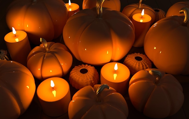 3d render pumpkin and candles background. Holiday decoration pumpkin for celebration halloween event