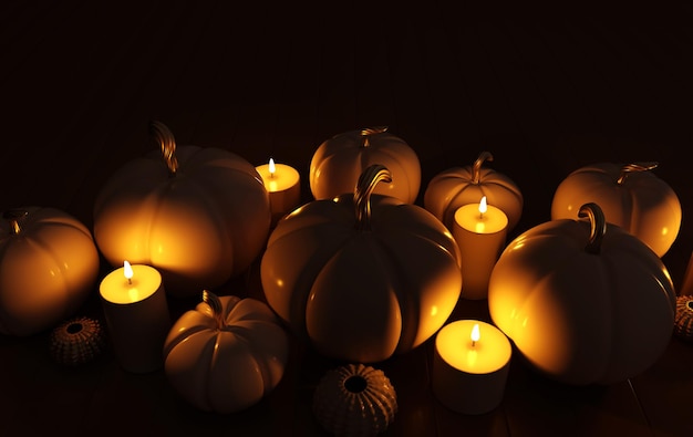 3d render pumpkin and candles pastel colored background Minimal concept Holiday decoration pumpkin