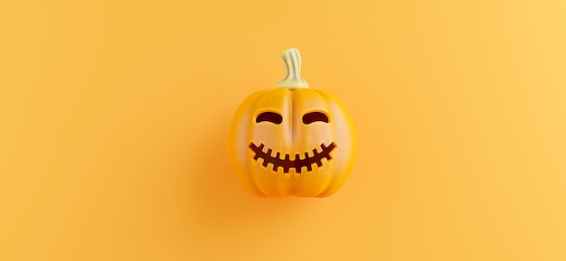 3d render of pumpkin emoticon smile with halloween concept on orange background