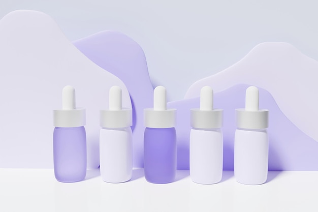 3d render of purple face serum pipette bottles on a pink wavy shapes background