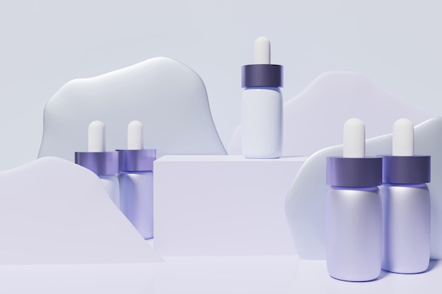 3d render of purple face serum pipette bottles with podium on a purple and icy blue wavy shapes background