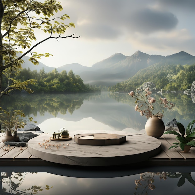 Photo 3d render rainy season scene and long stone podium on the lake with grass field by ai generated