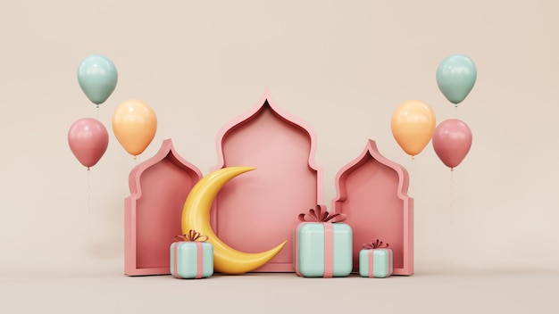 3d render of Ramadan Kareem holiday Cartoon style gift boxes crescent moon with stars lanterns