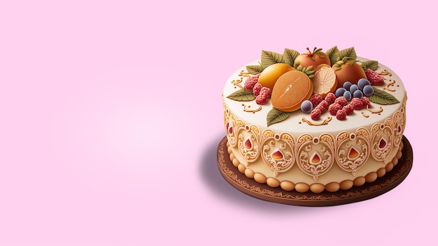 3D Render Realistic Beautiful Cake Decorated With Fruits