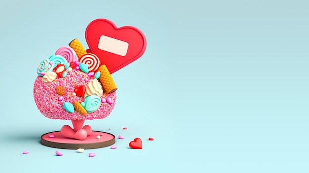 3D Render of Realistic Candies Heart Tree Or Stand And Frame Space For Text Or Message