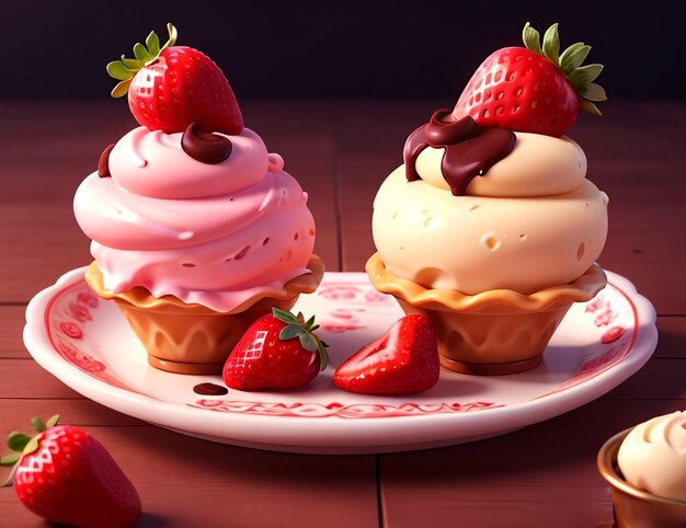 3d Render Realistic Image of Beautifully Served Luxury Ice Cream Scoops with Strawberry on top