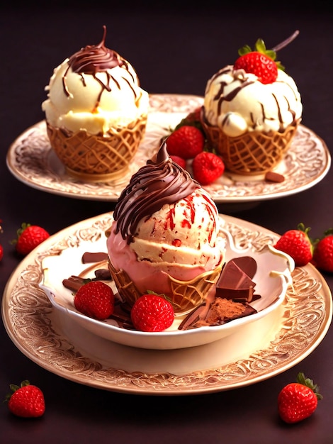 3d Render Realistic Image of Beautifully Served Luxury Ice Cream Scoops with Strawberry on top