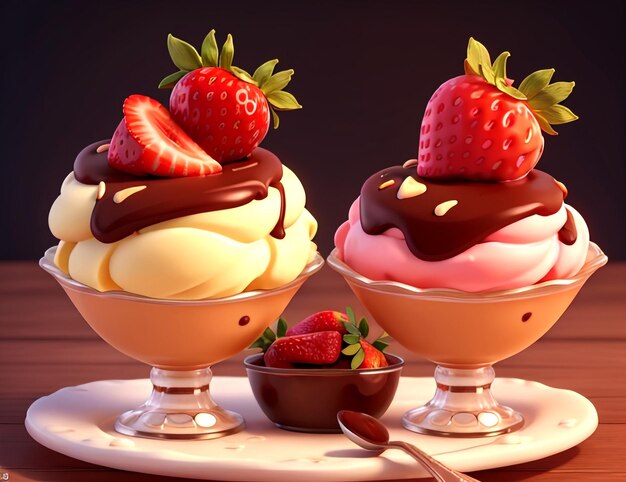 3d Render Realistic Image of Beautifully Served Luxury Ice Cream Scoops with Strawberry on top