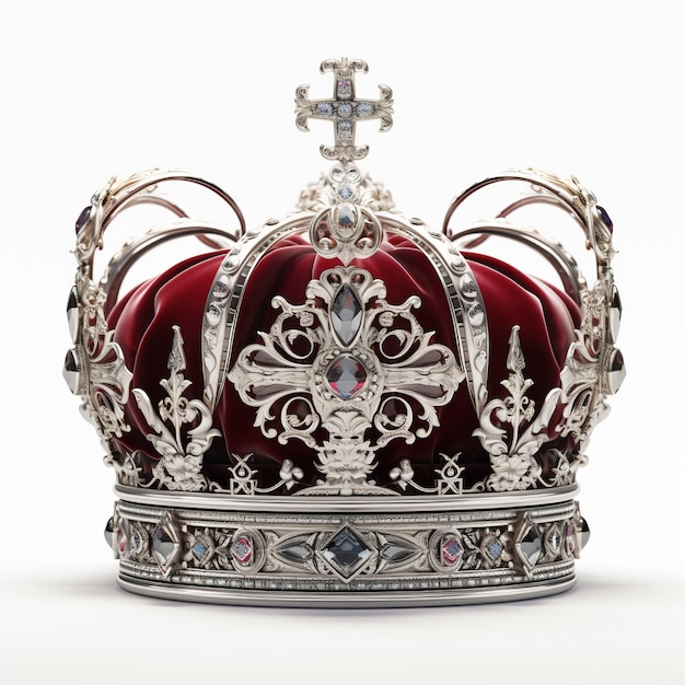 3D render realistic king crown Red silver metallic king crown in white background