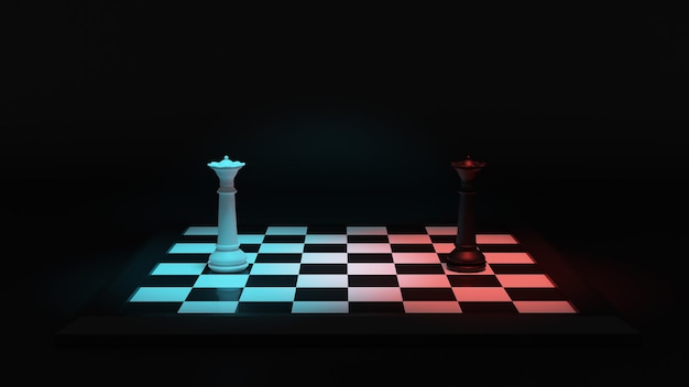 3d render realistic queen chess black and white with light blue and red