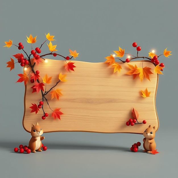 3D Render of Recycled Wood Blank Sign Board Maple Leaves Berry Branches Cute Chipmunk Figurines Twin