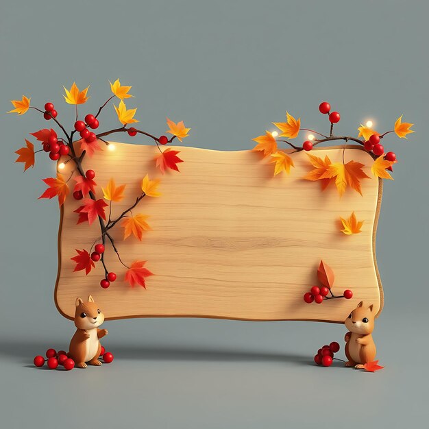 Photo 3d render of recycled wood blank sign board maple leaves berry branches cute chipmunk figurines twin