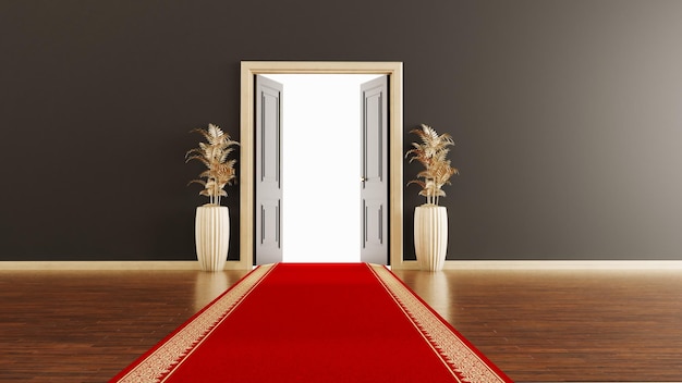 3D render of red carpet leading to an open door future and welcome concept