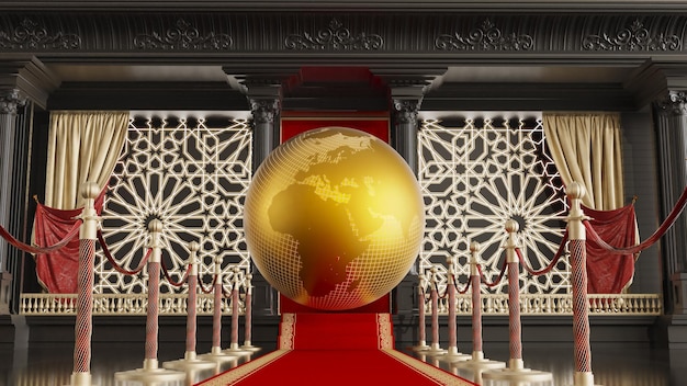 3d render of red carpet with barrieres leading to a golden globe