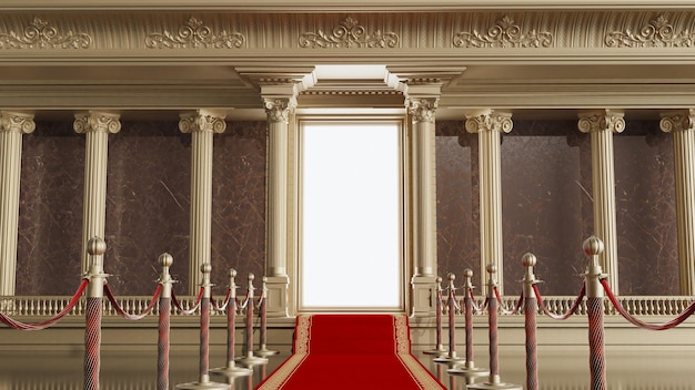 3D render of red carpet with barrieres leading to lighting door