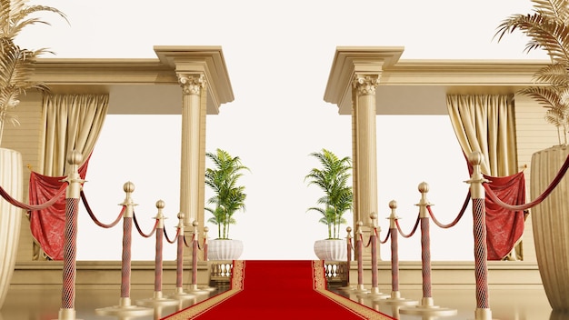 3D render of red carpet with gold barriers leading to a golden columns pillars VIP concept