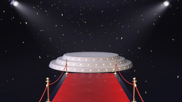 3D render red carpet with podium and falling confetti