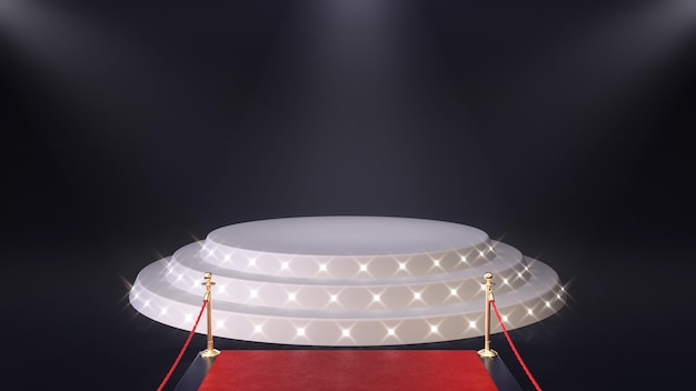 3D render red carpet with podium and glowing spotlights