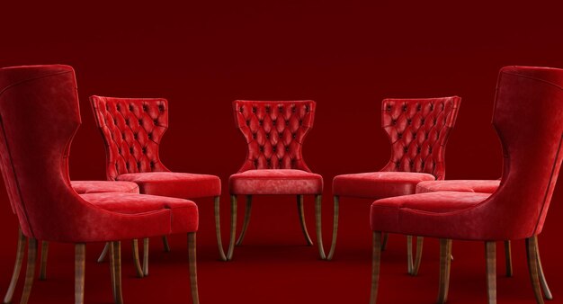 3D render of red chairs isolated on dark red background.