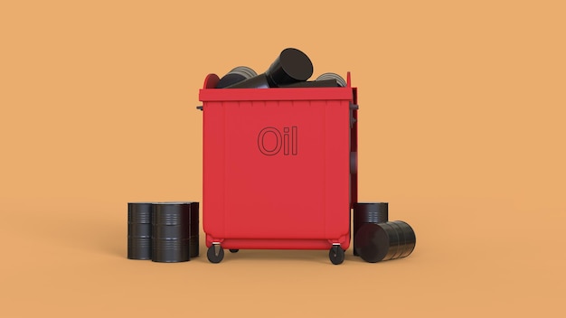 3d render red dustbin with oil barrels inside