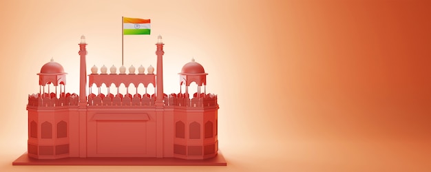 Photo 3d render red fort monument with india flag and copy space on glossy orange background.