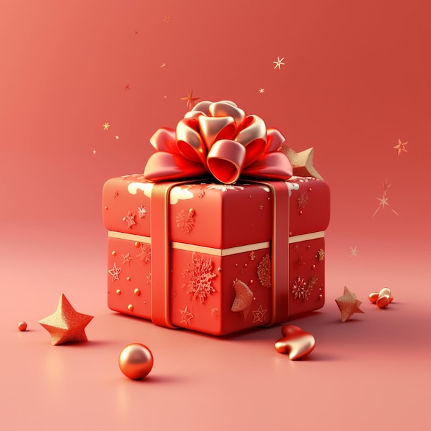 3d render of red gift box with golden bow and christmas balls