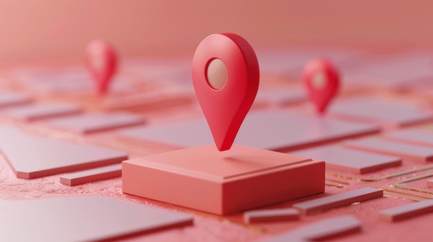 3d render of red location pins on pink map