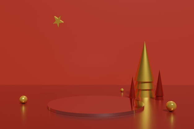 3d render of red podium and golden cone Christmas trees and a star on a traditional red background