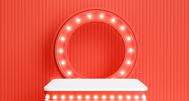 3d render of red podium with light bulb for product display