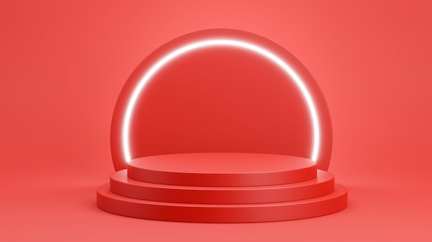 3d render of red podium with light neon for product display