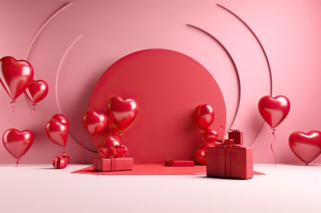 3d render of red and rose shape balloons amidst gifts and presents on canvas 3d rendering