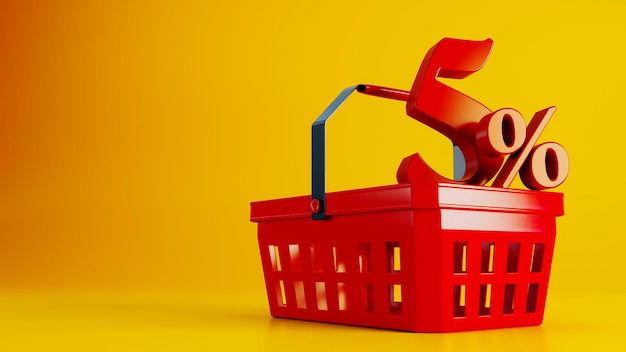 3D render of red supermarket basket with red five percent offer on colored background