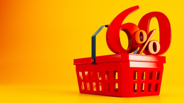 3D render of red supermarket basket with red sixty percent offer on colored background