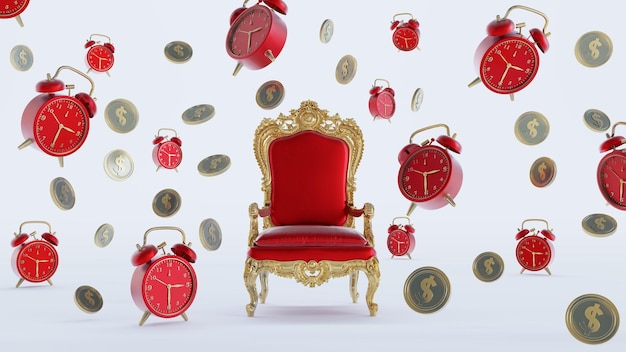 3d render of red throne isolated on white background withe red old clock and Flying coins