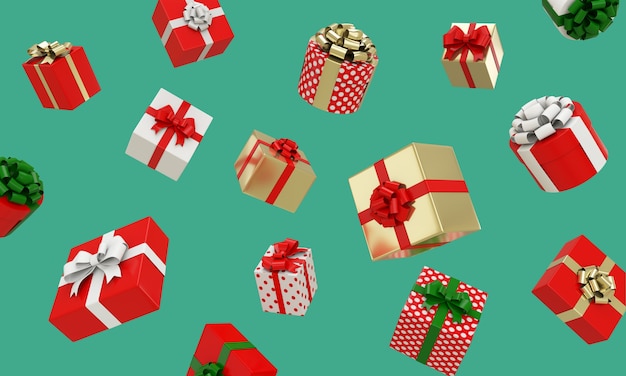 3d render of red, white, gold Gift boxes and dot pattern with Ribbons floating on green background. Christmas and New Year concept.