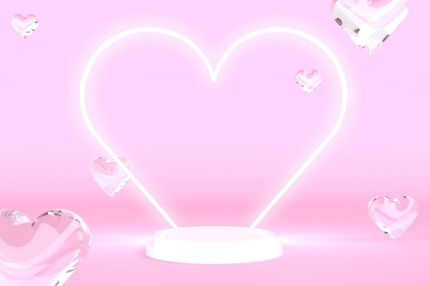 3D Render Rendering Heart Line Glowing Ring with Floating Heart Crystal Pink Round Cosmetic Podium