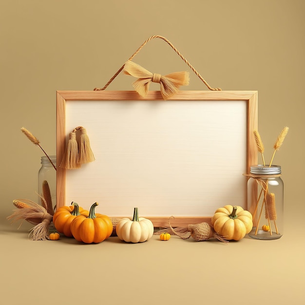 3D Render of Retro Blank Wooden Sign Board Mini Gourds Corn Tassel Inspired Floral Decorationss