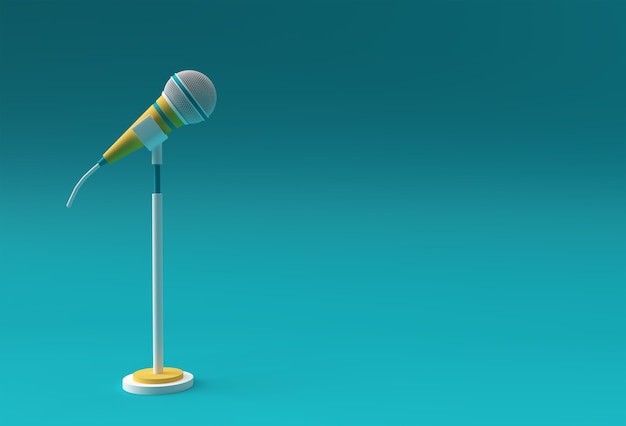 3D Render Retro microphone on short leg and stand, music award model template, karaoke, radio and recording studio sound equipment.