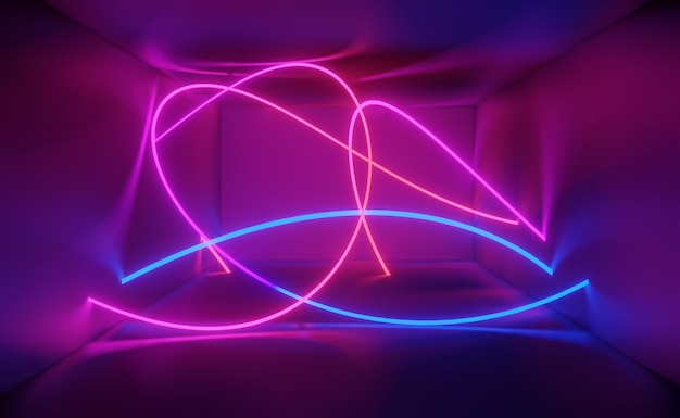 3d render of RGB neon light on darkness background. Abstract Laser lines show at night. Ultraviolet spectrum beam scene for mock up and web banner.