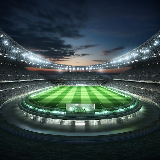 3D render of a round football stadium with floodlights and grass