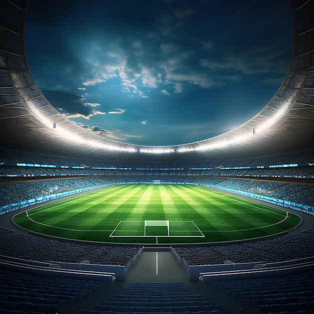 3D render of a round football stadium with floodlights and grass