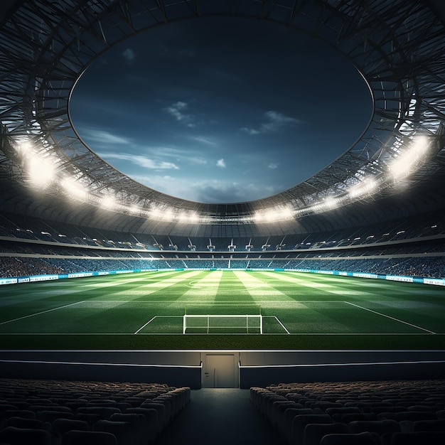 3D render of a round football stadium with floodlights and grass