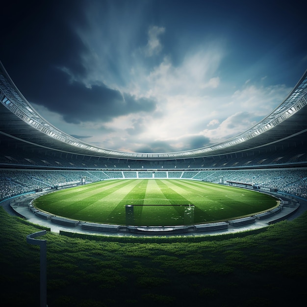 3D render of a round football stadium with floodlights and grass