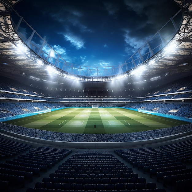 3D render of a round football stadium with floodlights and grass