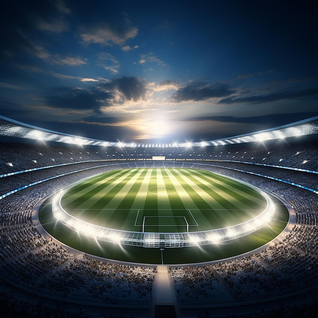 3D render of a round football stadium with floodlights and grass