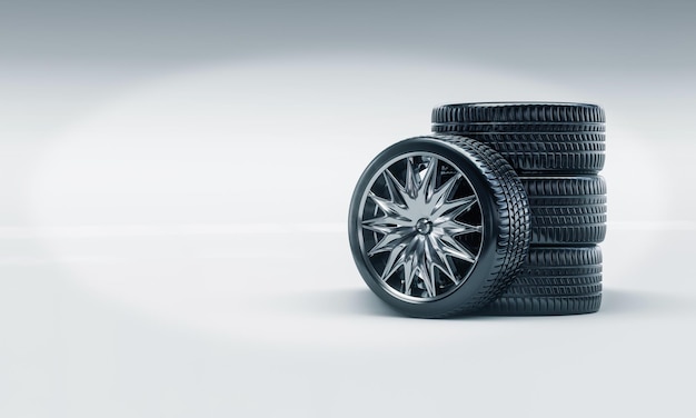 3d render of rubber tires on cast steel rims Wheel sale concept Auto repair shops