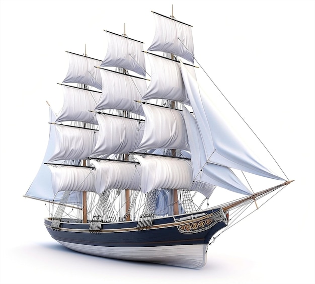 3D Render of Sailboat with White Sails on White Background